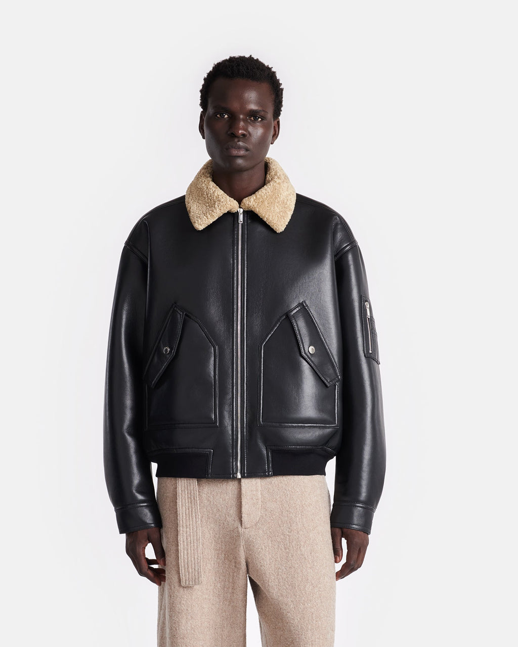 Nanushka Lude - Bonded Shearling Flight Jacket - Cornstalk/Black
