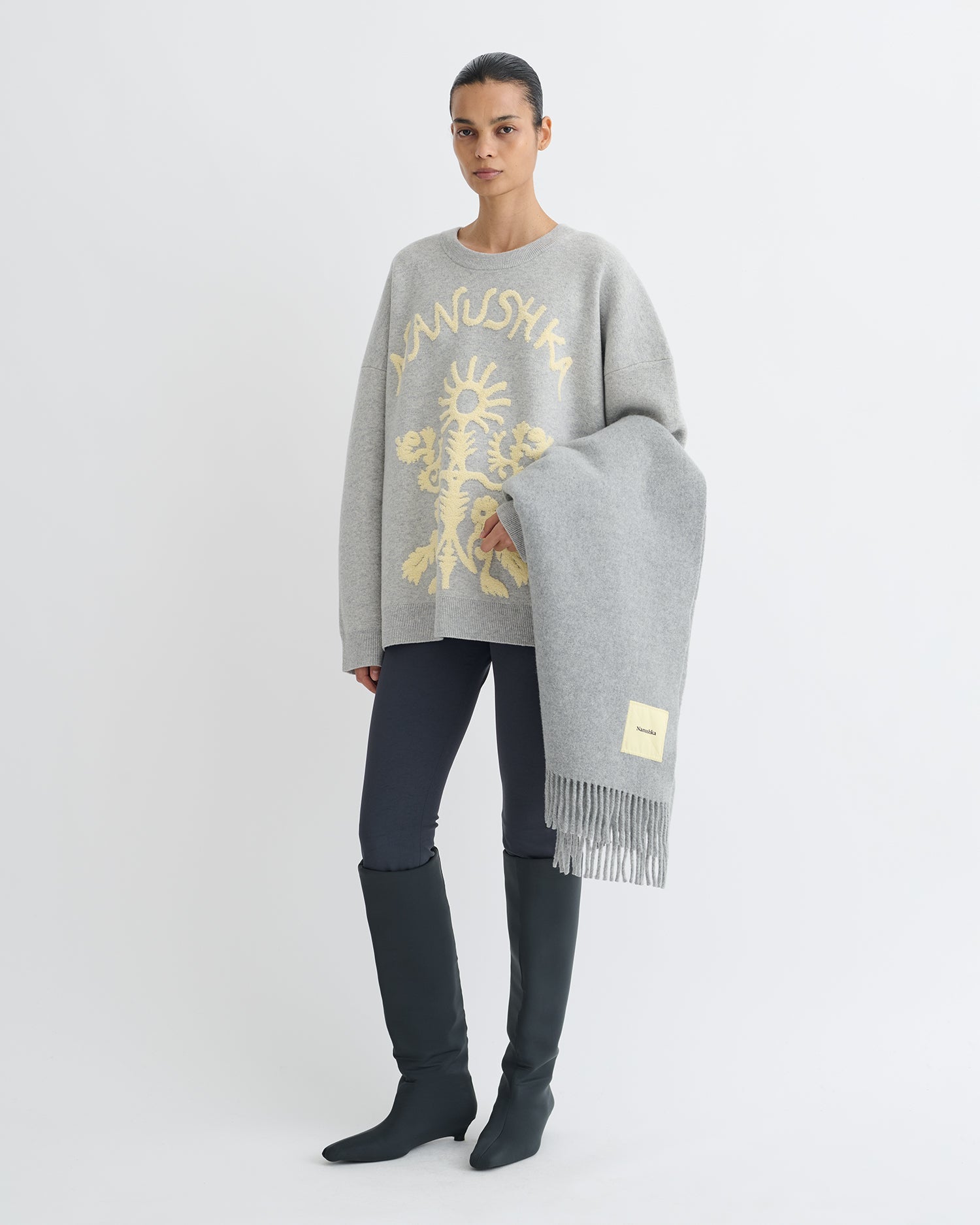 Nanushka Oswin - Merino And Terry Jacquard Sweater - Light Grey/Creme Papercut
