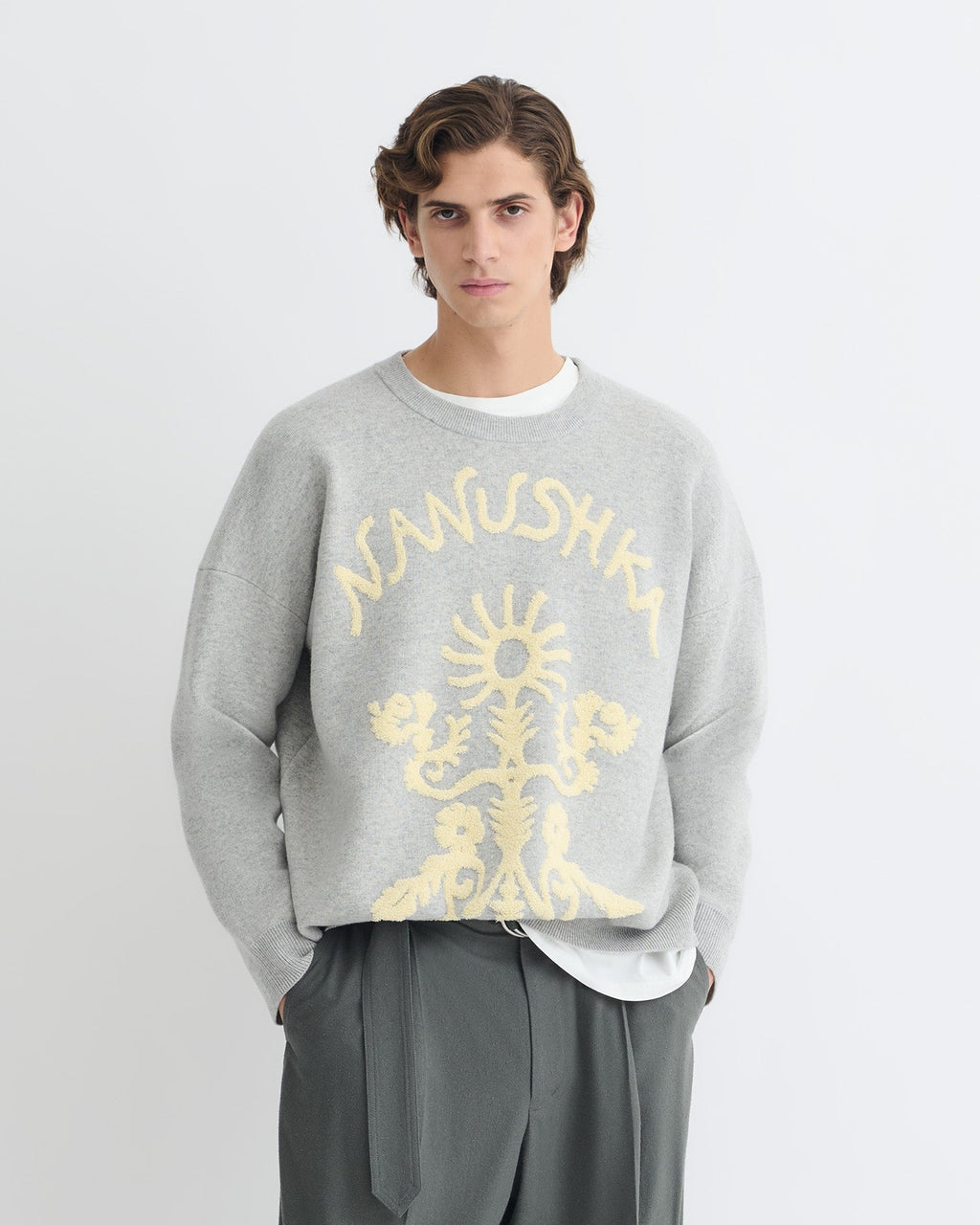 Nanushka Oswin - Merino And Terry Jacquard Sweater - Light Grey/Creme Papercut