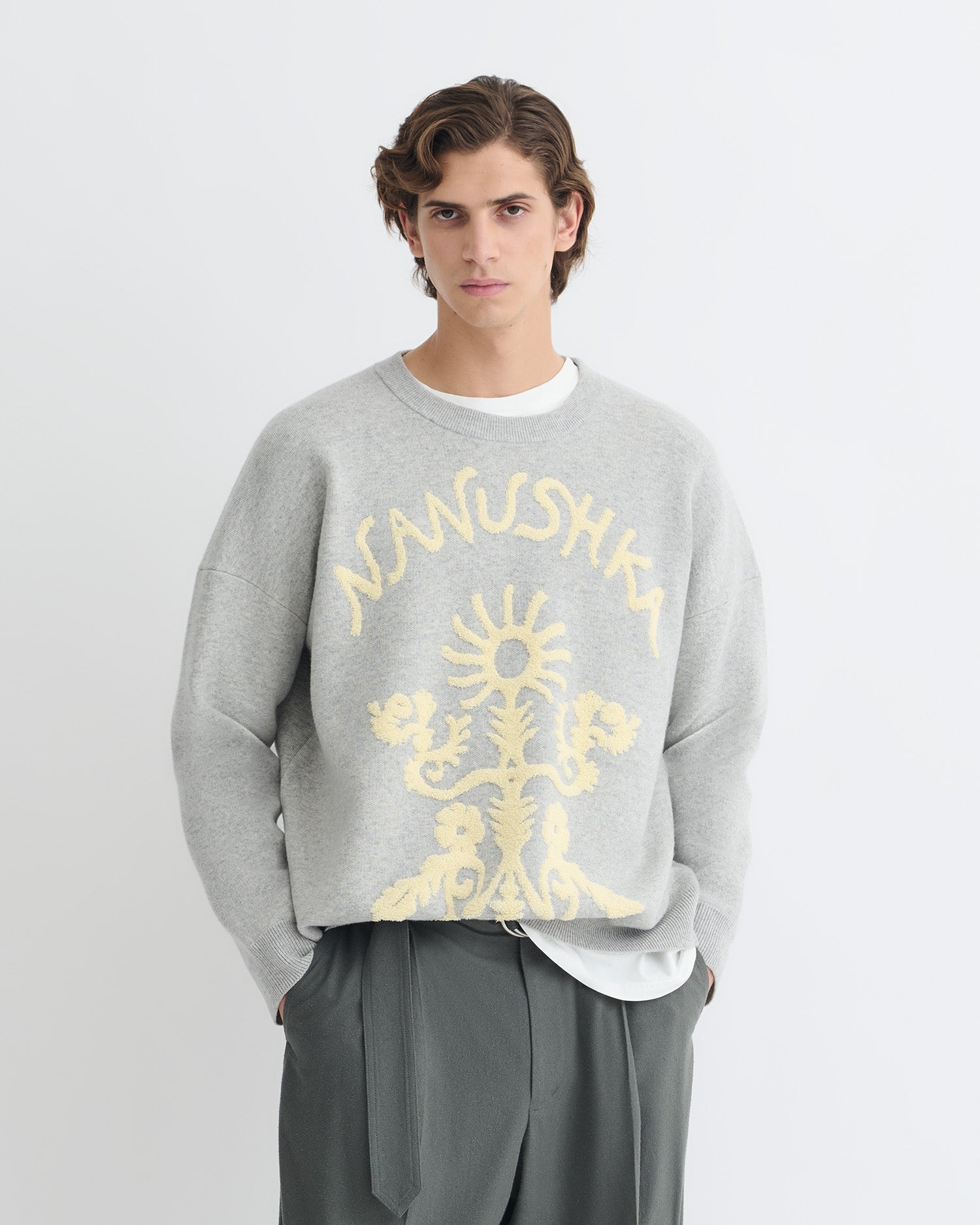 Nanushka Oswin - Merino And Terry Jacquard Sweater - Light Grey/Creme Papercut