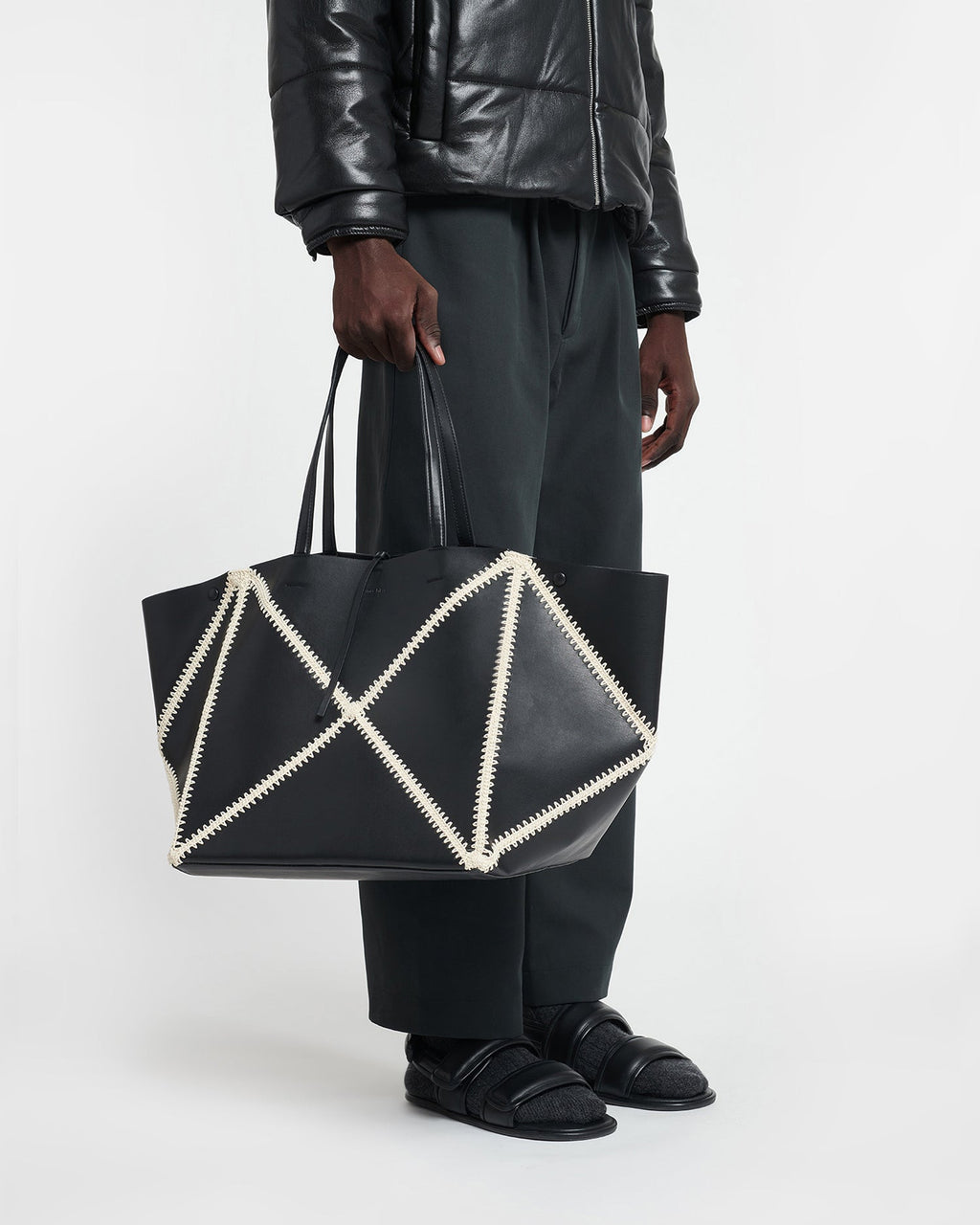 Nanushka Origami Tote Large - Alt-Nappa Crochet Tote - Black/Crème