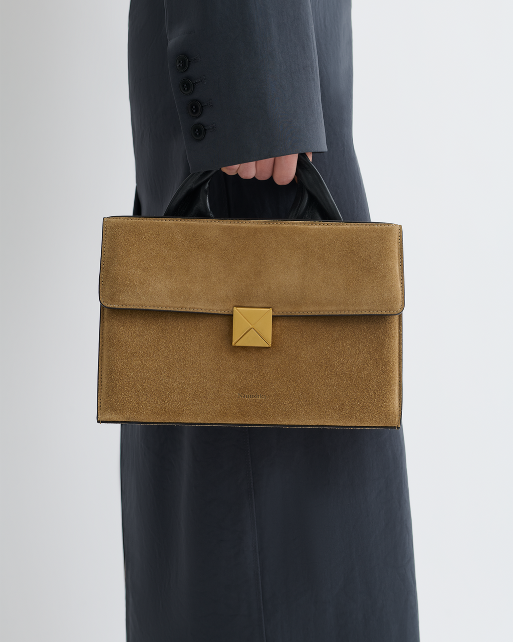 Nanushka The SANDI Lock - Top Handle Bag - Brown Suede