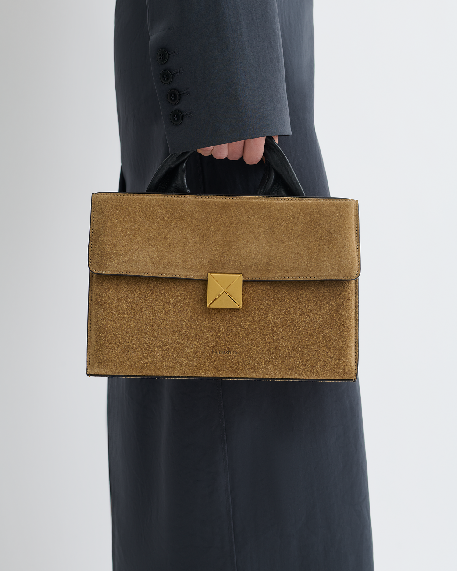 Nanushka The SANDI Lock - Top Handle Bag - Brown Suede