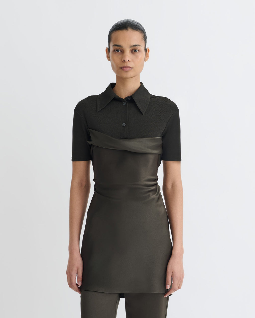 Nanushka Heceta - Mesh Jersey And Slip Satin Mini Dress - Dark Green/Anthracite