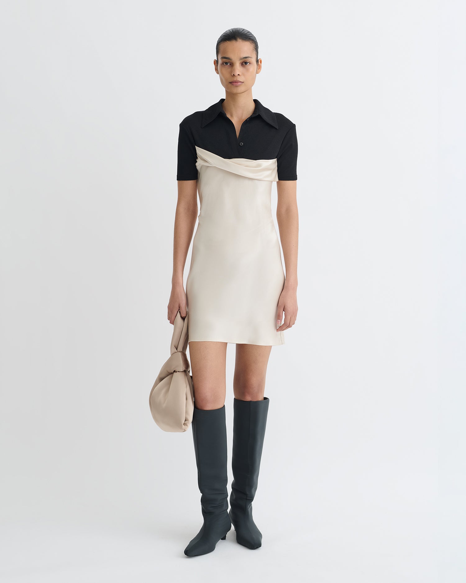 Nanushka Heceta - Mesh Jersey And Slip Satin Mini Dress - Creme/Black