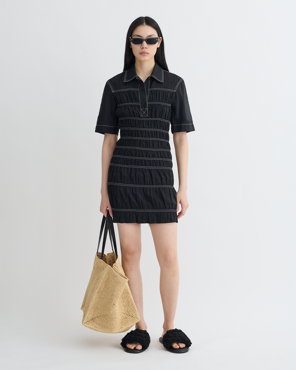 Nanushka Nomia - Smocked Glass Poplin Mini Dress - Black