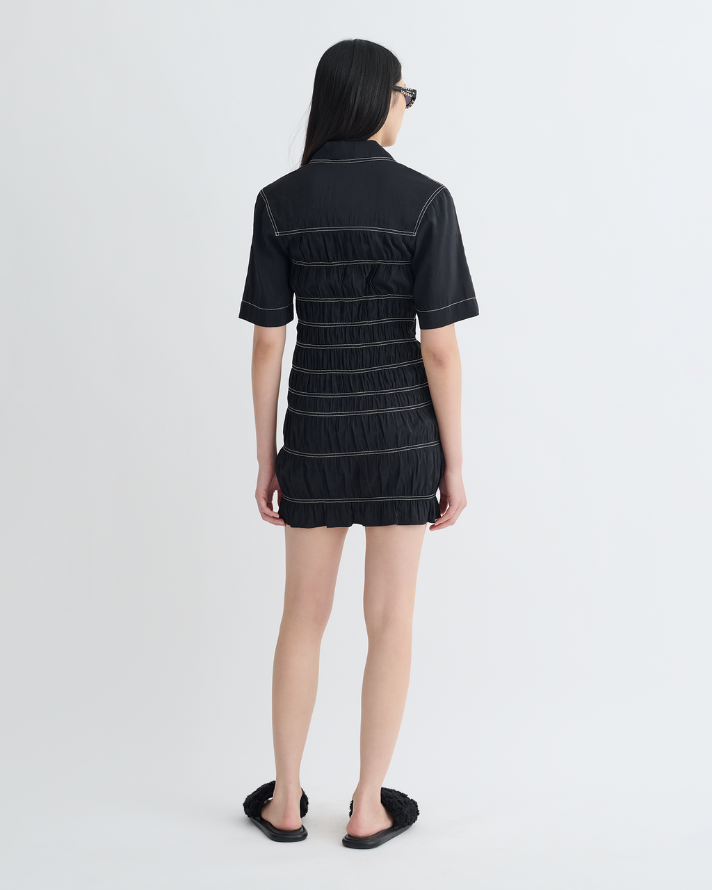 Nanushka Nomia - Smocked Glass Poplin Mini Dress - Black