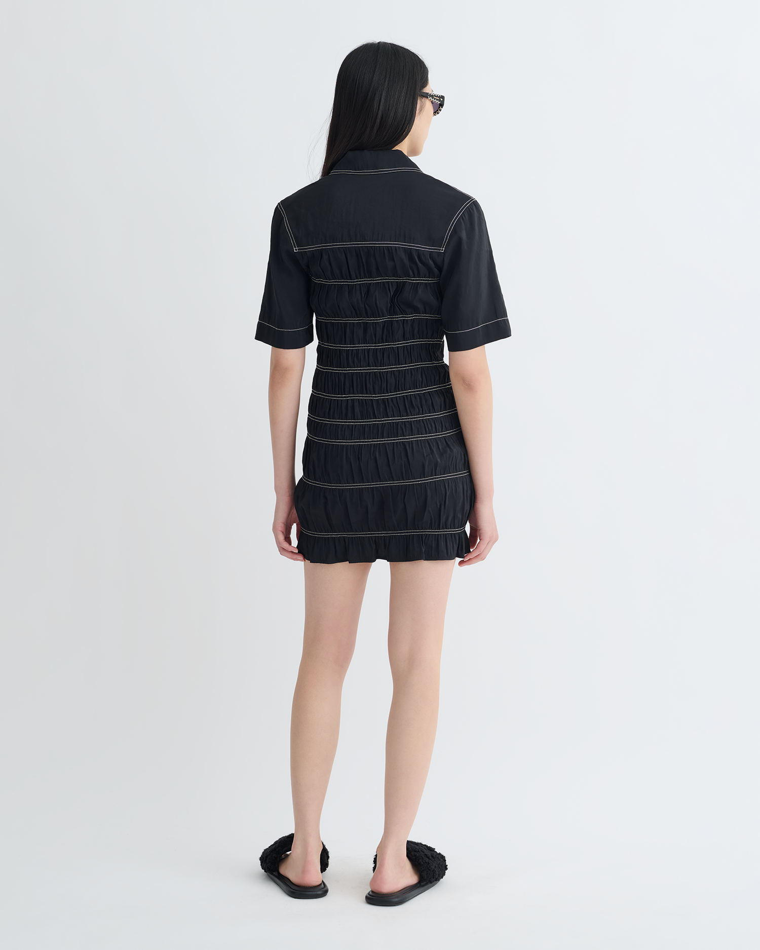 Nanushka Nomia - Smocked Glass Poplin Mini Dress - Black
