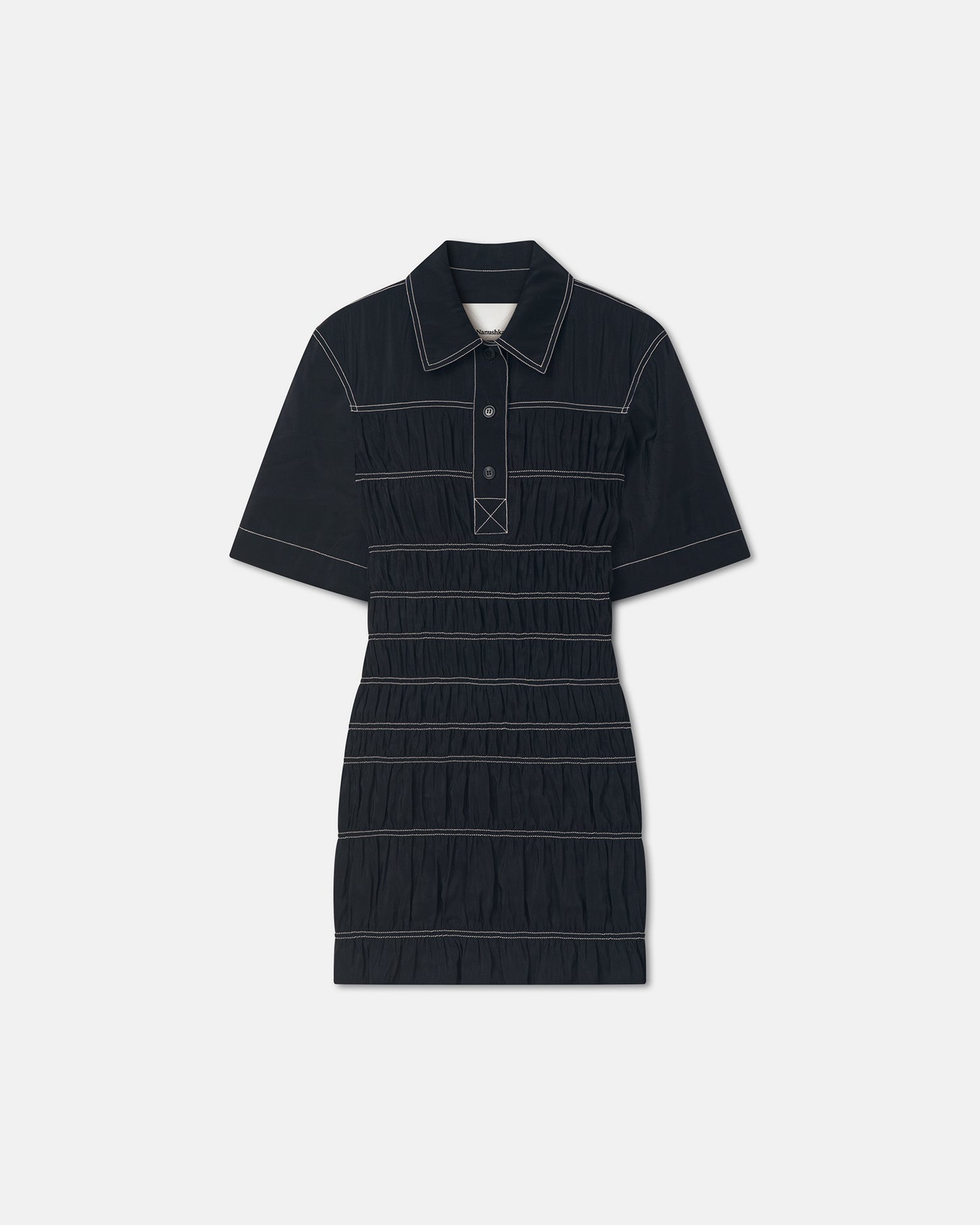 Nanushka Nomia - Smocked Glass Poplin Mini Dress - Black
