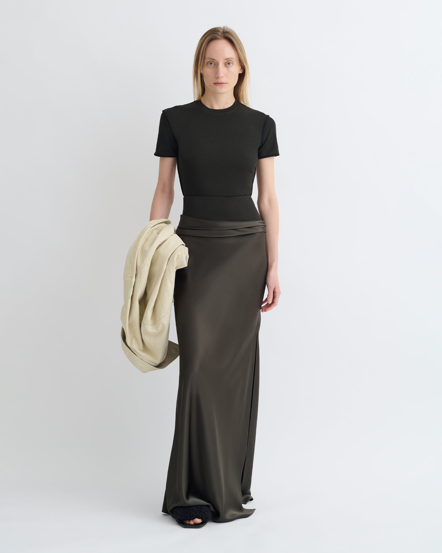 Nanushka Letto - Mesh Jersey And Slip Satin Skirt - Dark Green/Anthracite