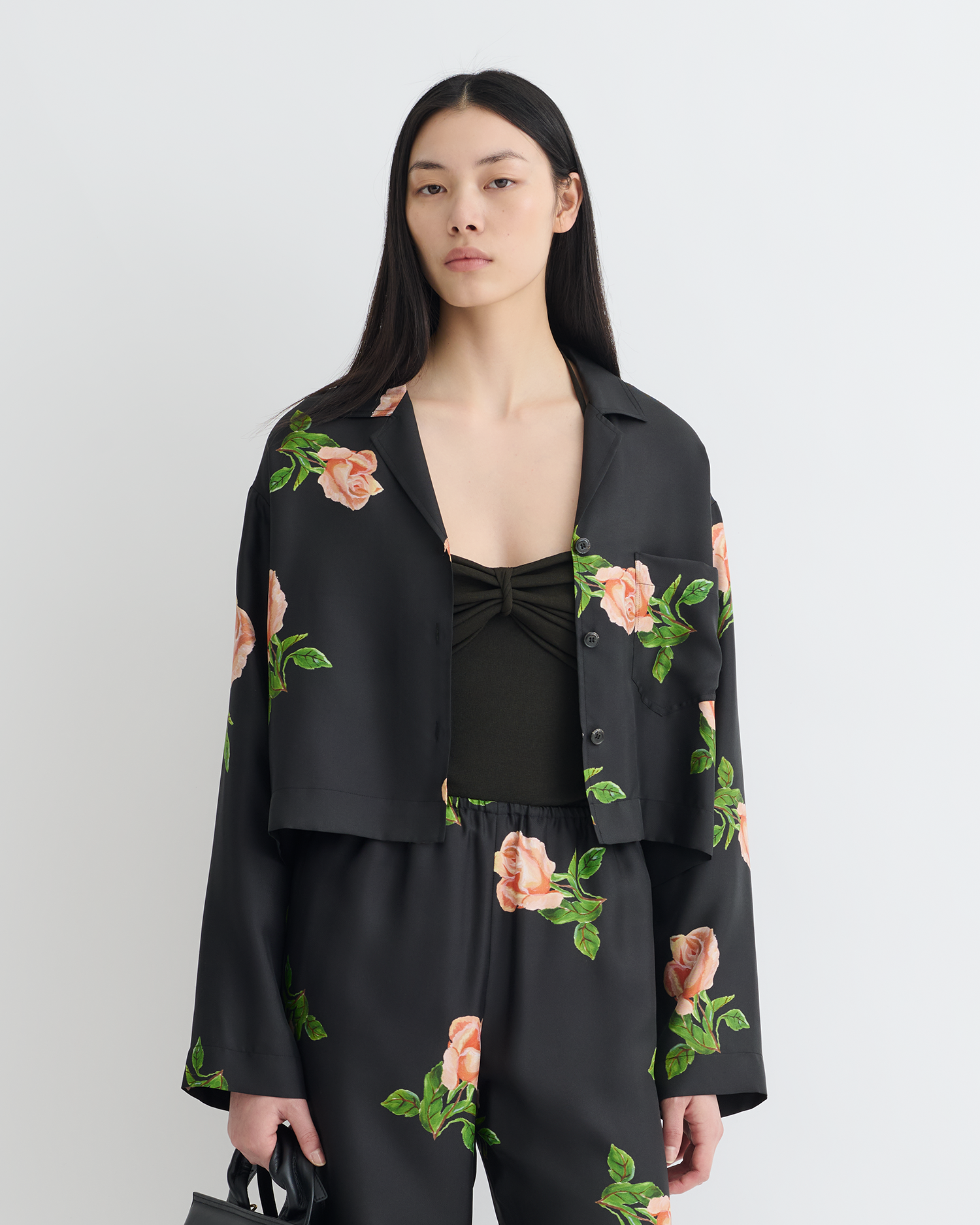 Nanushka Vally - Cropped Silk Twill Shirt - Off Black/Roses