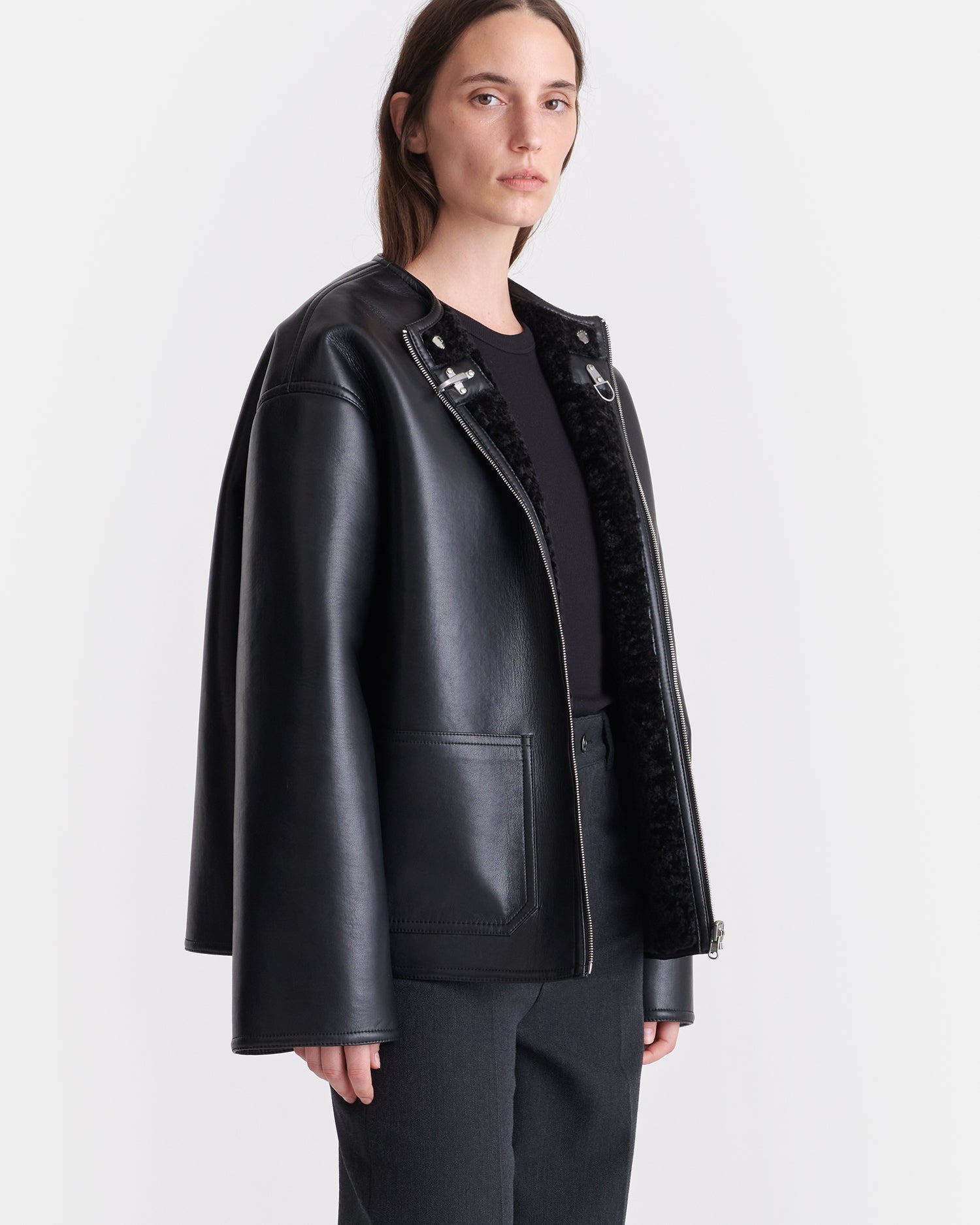 Nanushka Panka - Reversible Bonded Shearling Jacket - Black/Black