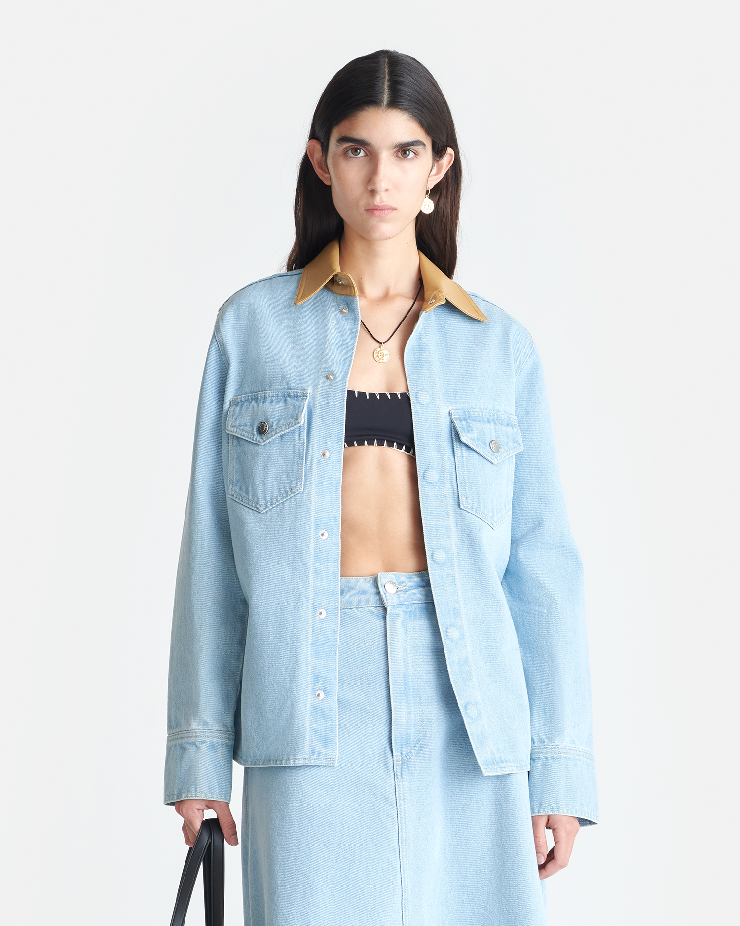 Nanushka Letisa - Leather-Trimmed Denim Shirt - Eco Bleach/Hazel