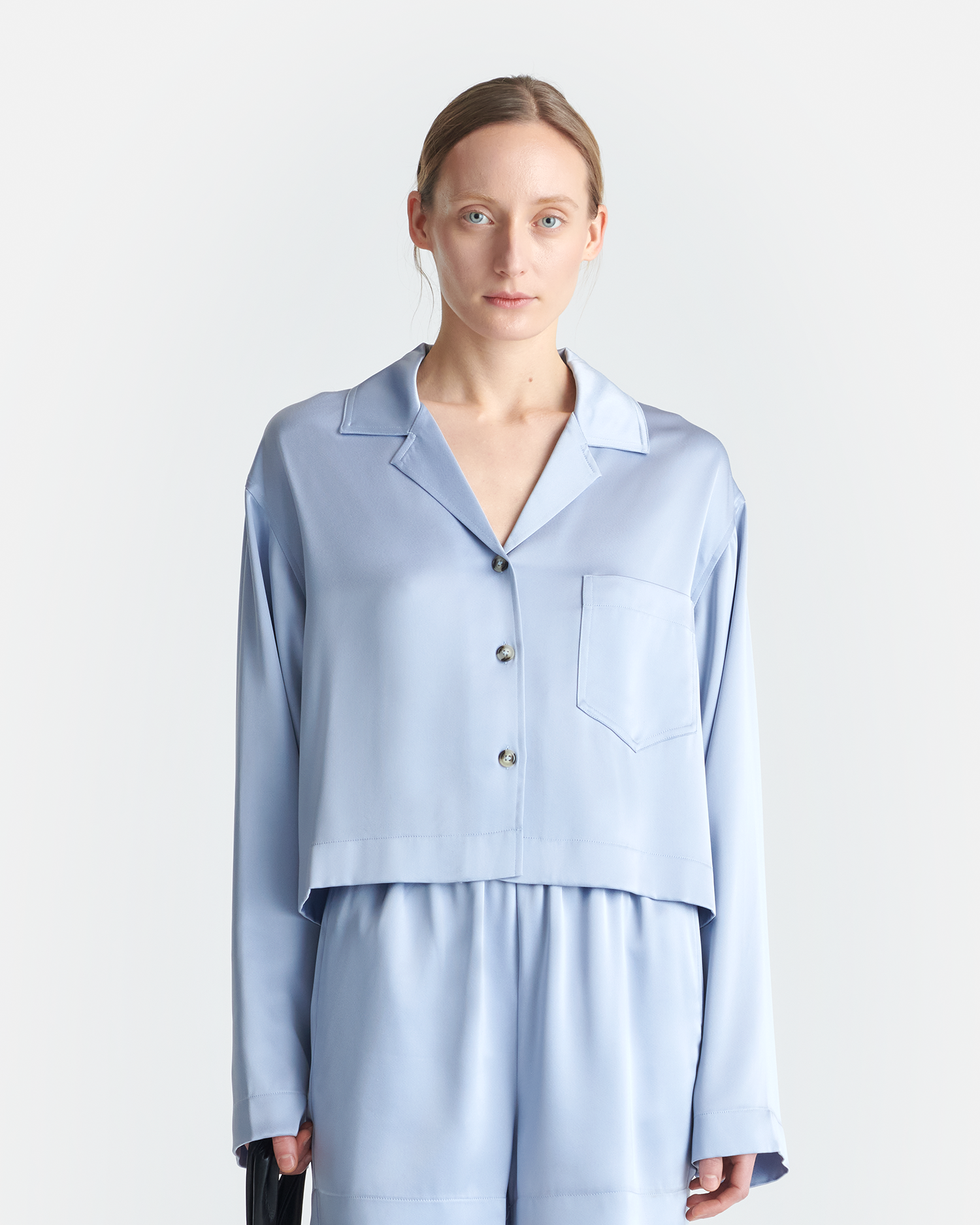 Nanushka Vally - Cropped Slip Satin Shirt - Ice Blue