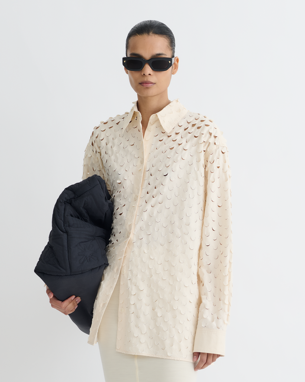 Nanushka Aphea - Laser Cut Heavy Poplin Shirt - Creme
