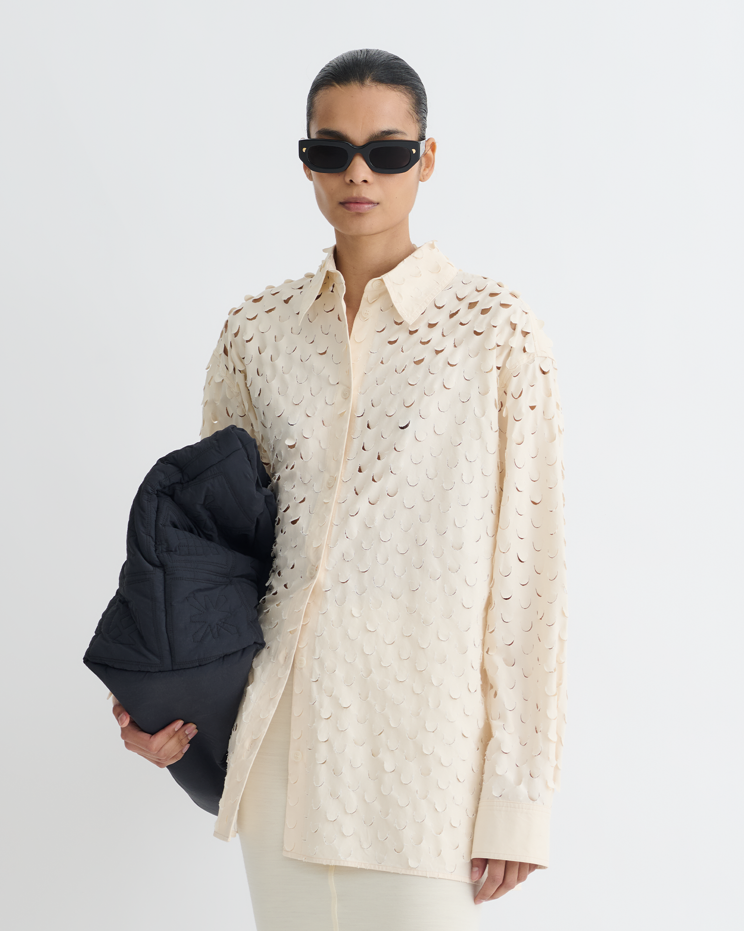 Nanushka Aphea - Laser Cut Heavy Poplin Shirt - Creme